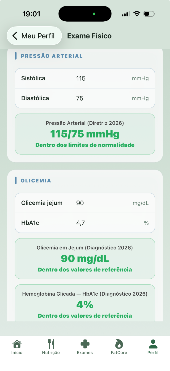 Tela de Exame Físico com pressão e glicemia referenciadas em diretrizes