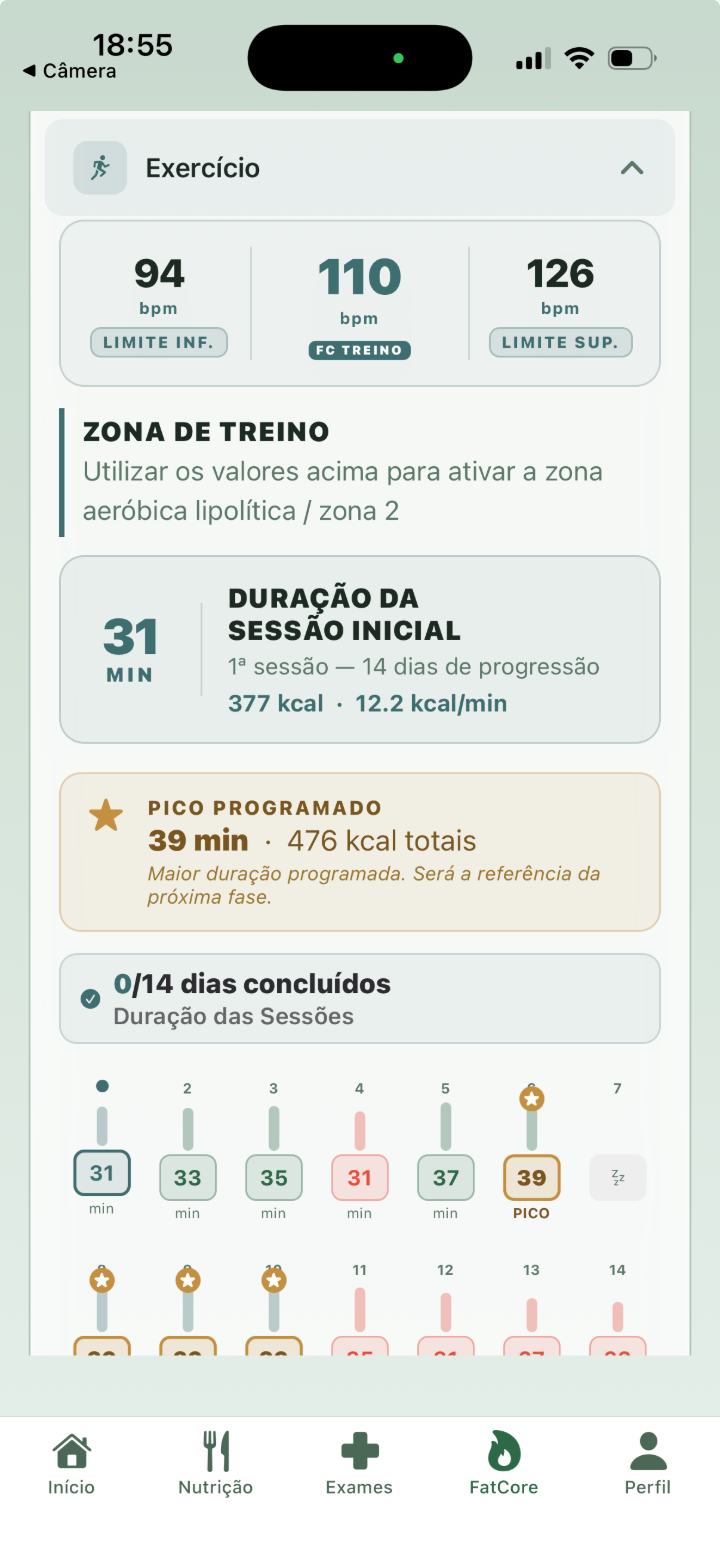 FatCore Fase 1 — zona de treino e progressão das sessões