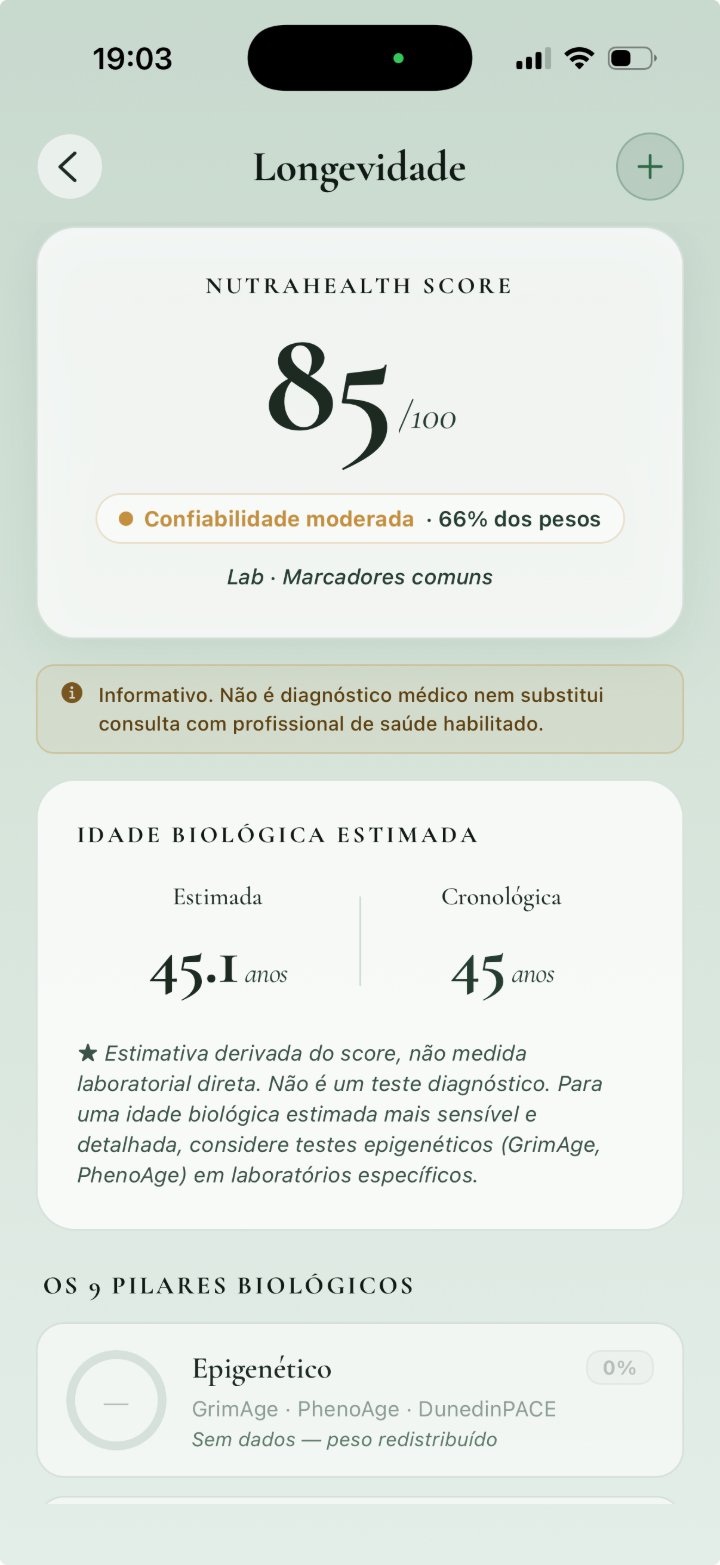 Tela de Longevidade com NutraHealth Score 85 e idade biológica estimada