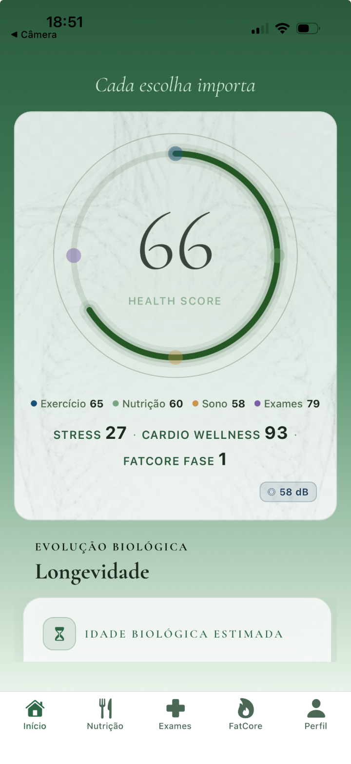 Tela inicial do NutraHealth com Health Score 66